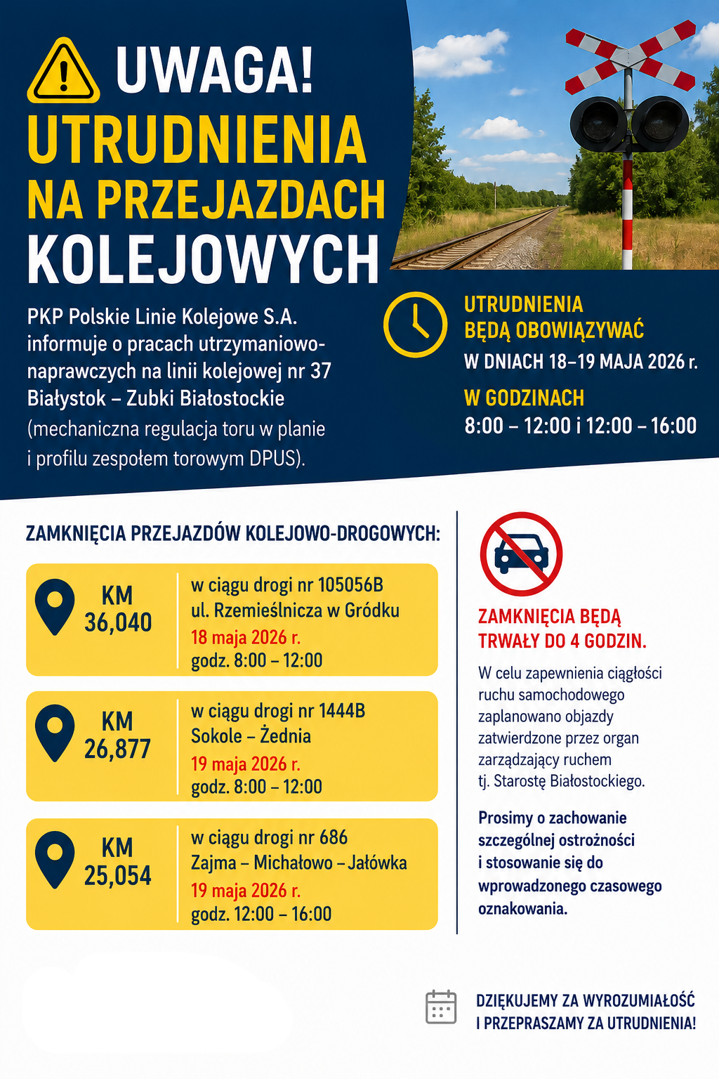 Plakat w sprawie utrudnień na przejazdach kolejowch